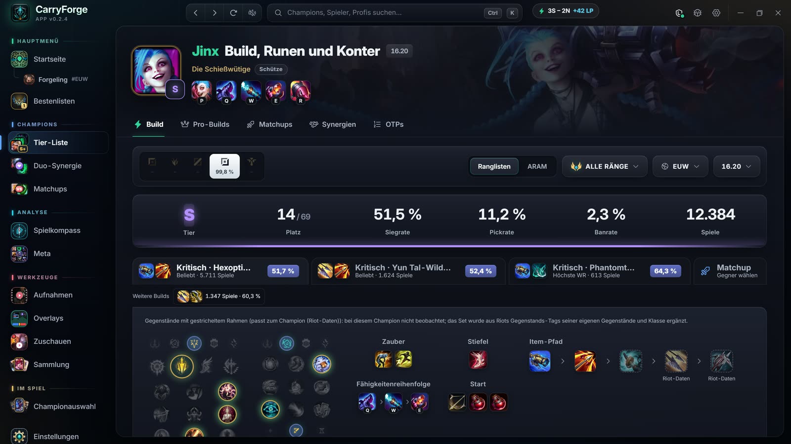 Champion-Seite von Jinx mit Tier, Siegquote, Build-Optionen, Runen, Skill-Reihenfolge und Item-Pfad