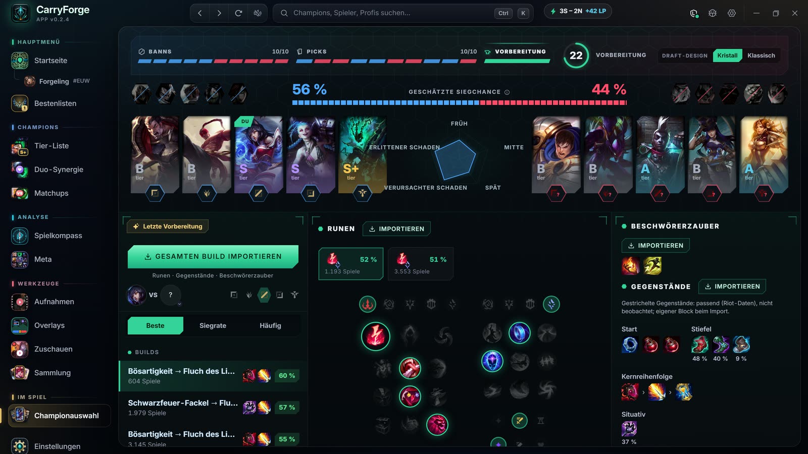 CarryForge in der Championauswahl: beide Teams mit Tier-Abzeichen, geschätzte Siegchance und ein Button „Kompletten Build importieren“ neben Runen, Beschwörerzaubern und Items