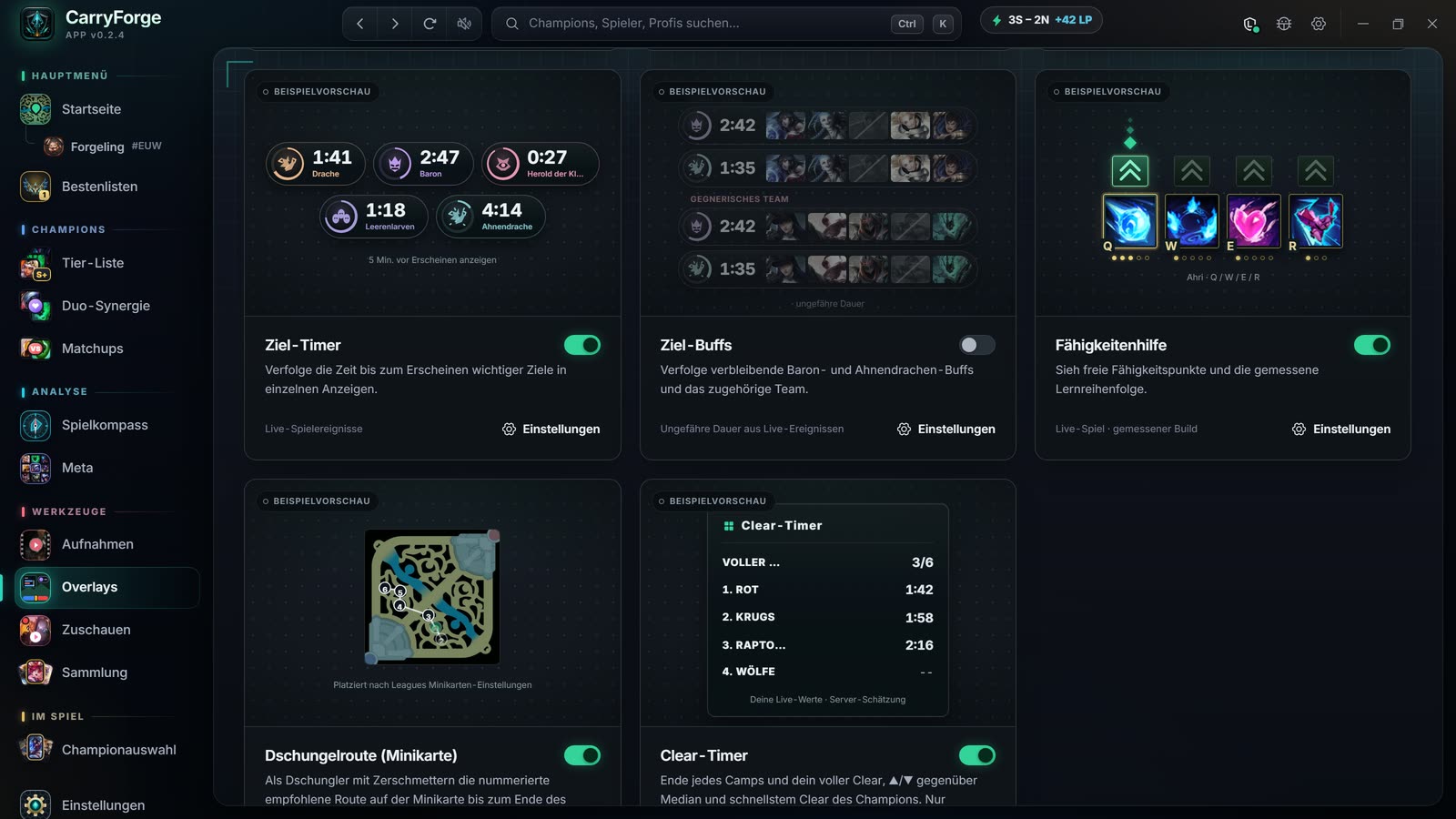Overlay-Einstellungen mit Objective-Timern, Objective-Buffs, Skill-Guide, Jungle-Route auf der Minimap und Jungle-Clear-Timer