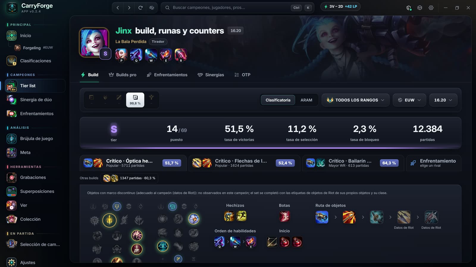 Página de campeón de Jinx con tier, tasa de victoria, opciones de build, runas, orden de habilidades y ruta de objetos