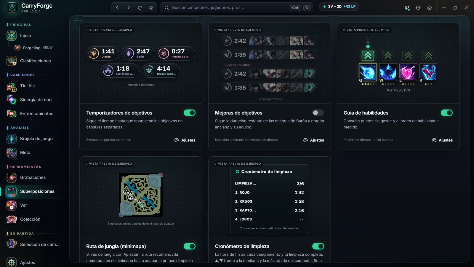 Ajustes de overlays con temporizadores de objetivos, potenciadores de objetivos, guía de habilidades, ruta de jungla en el minimapa y cronómetro de clear