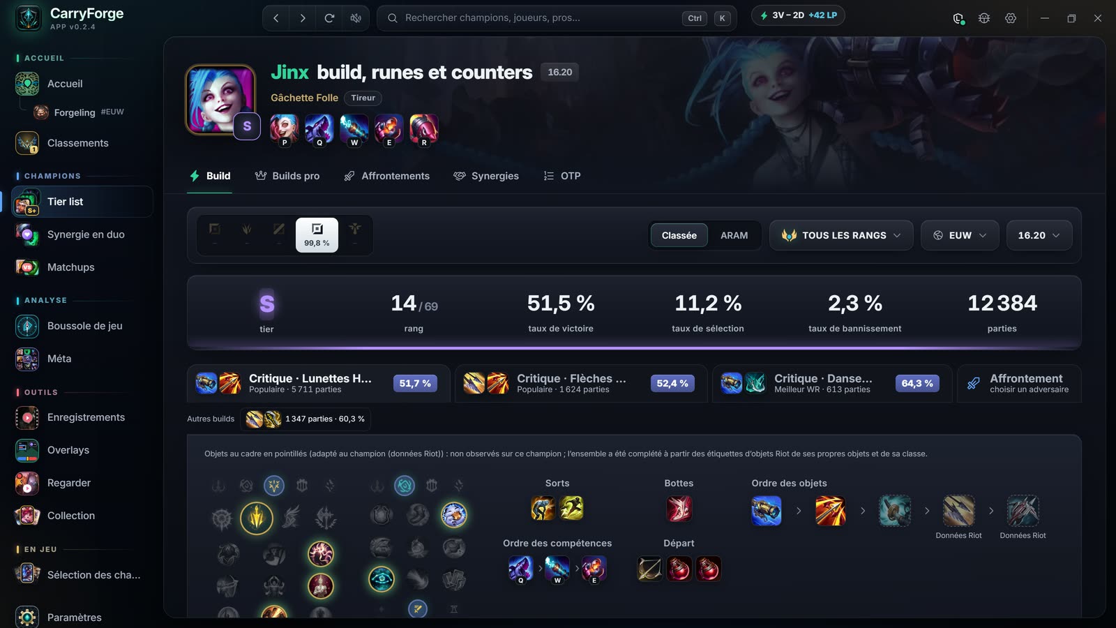 Page champion de Jinx avec tier, taux de victoire, options de build, runes, ordre des compétences et chemin d’objets