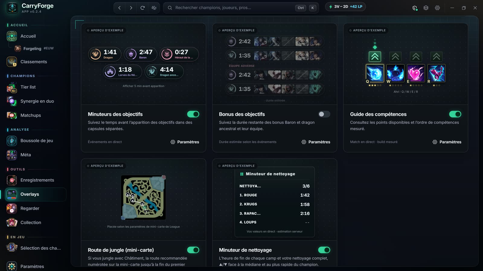 Réglages des overlays avec timers d’objectifs, buffs d’objectifs, guide des compétences, chemin de jungle sur la minimap et chrono de clear de jungle