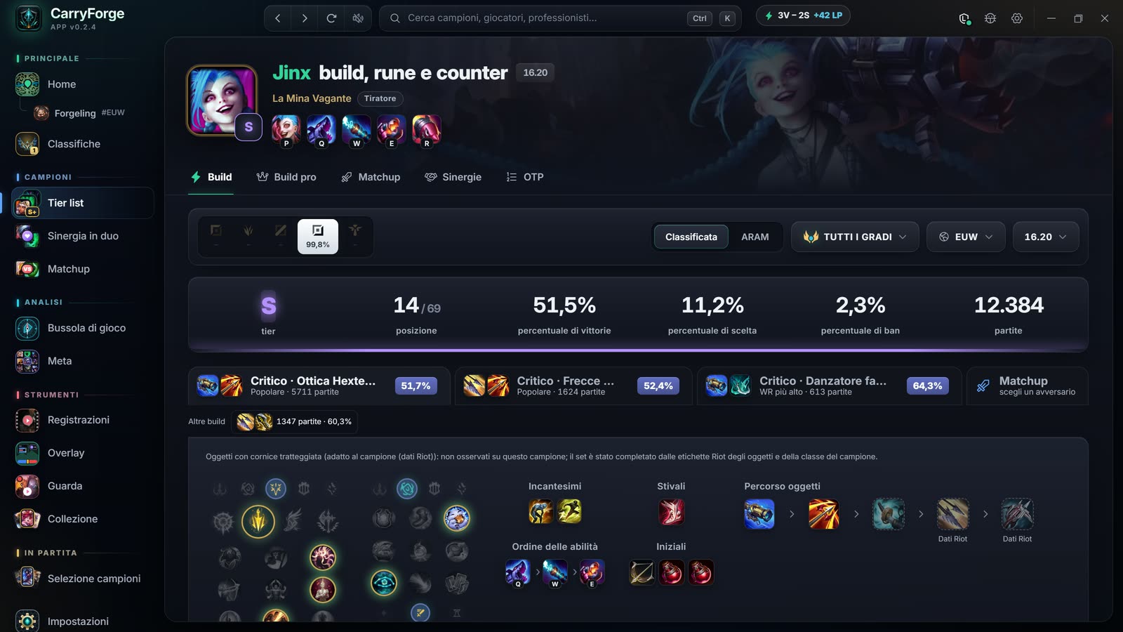 Pagina di Jinx con tier, percentuale di vittoria, opzioni di build, rune, ordine delle abilità e percorso degli oggetti