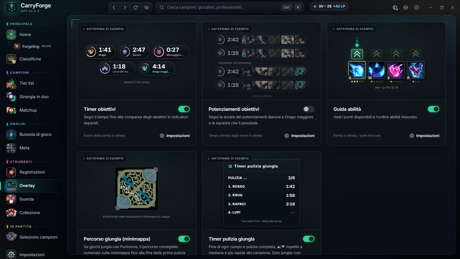 Impostazioni degli overlay con timer degli obiettivi, potenziamenti degli obiettivi, guida alle abilità, percorso della giungla sulla minimappa e timer del clear
