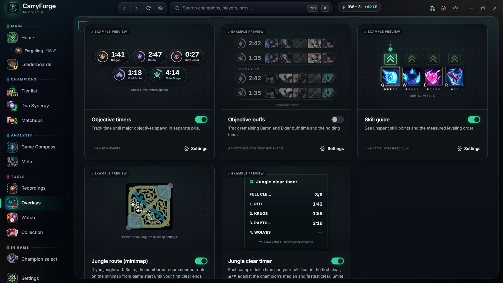 Overlay settings showing objective timers, objective buffs, skill guide, jungle route on the minimap and jungle clear timer