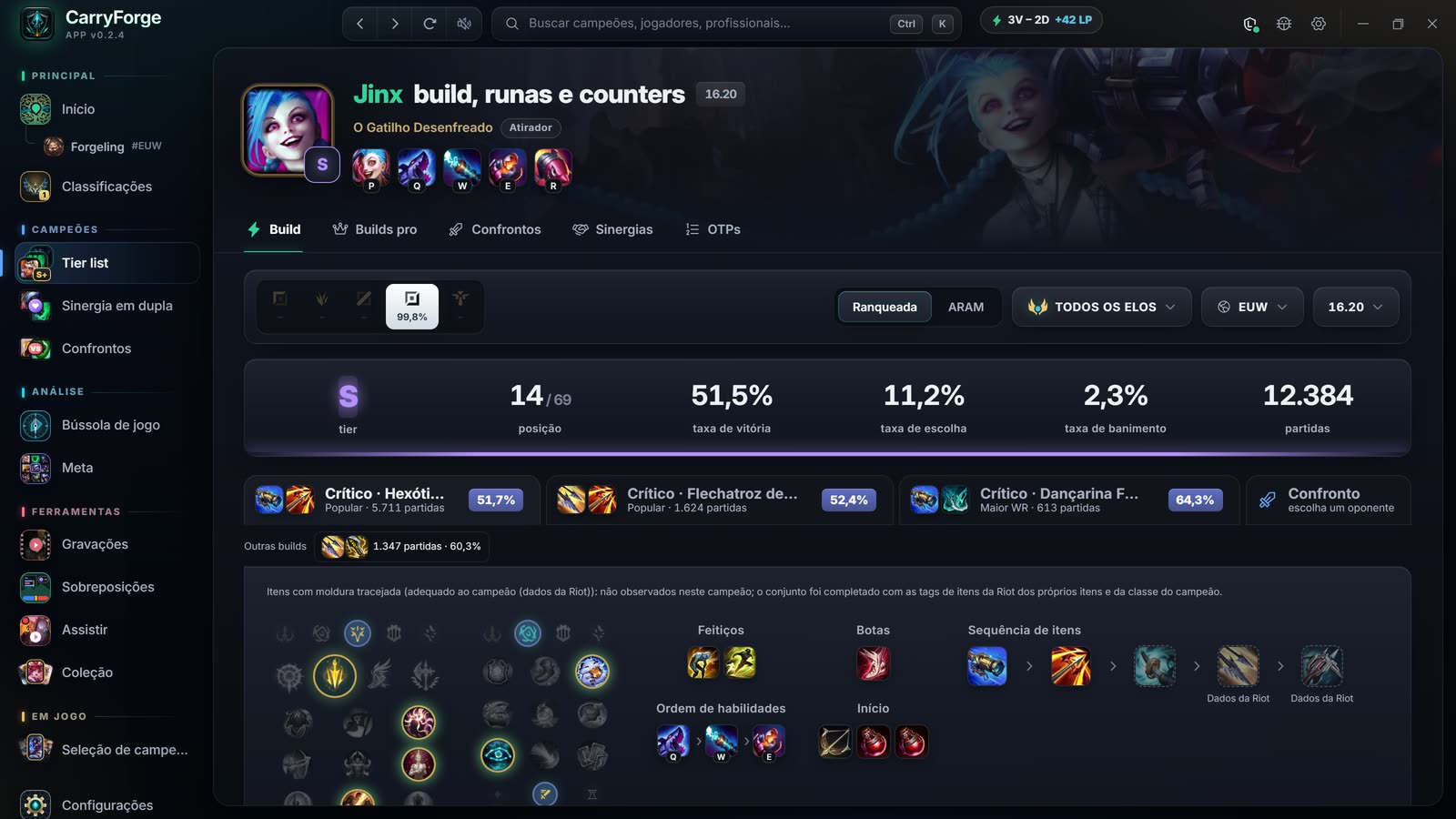 Página da Jinx com tier, taxa de vitória, opções de build, runas, ordem de habilidades e caminho de itens