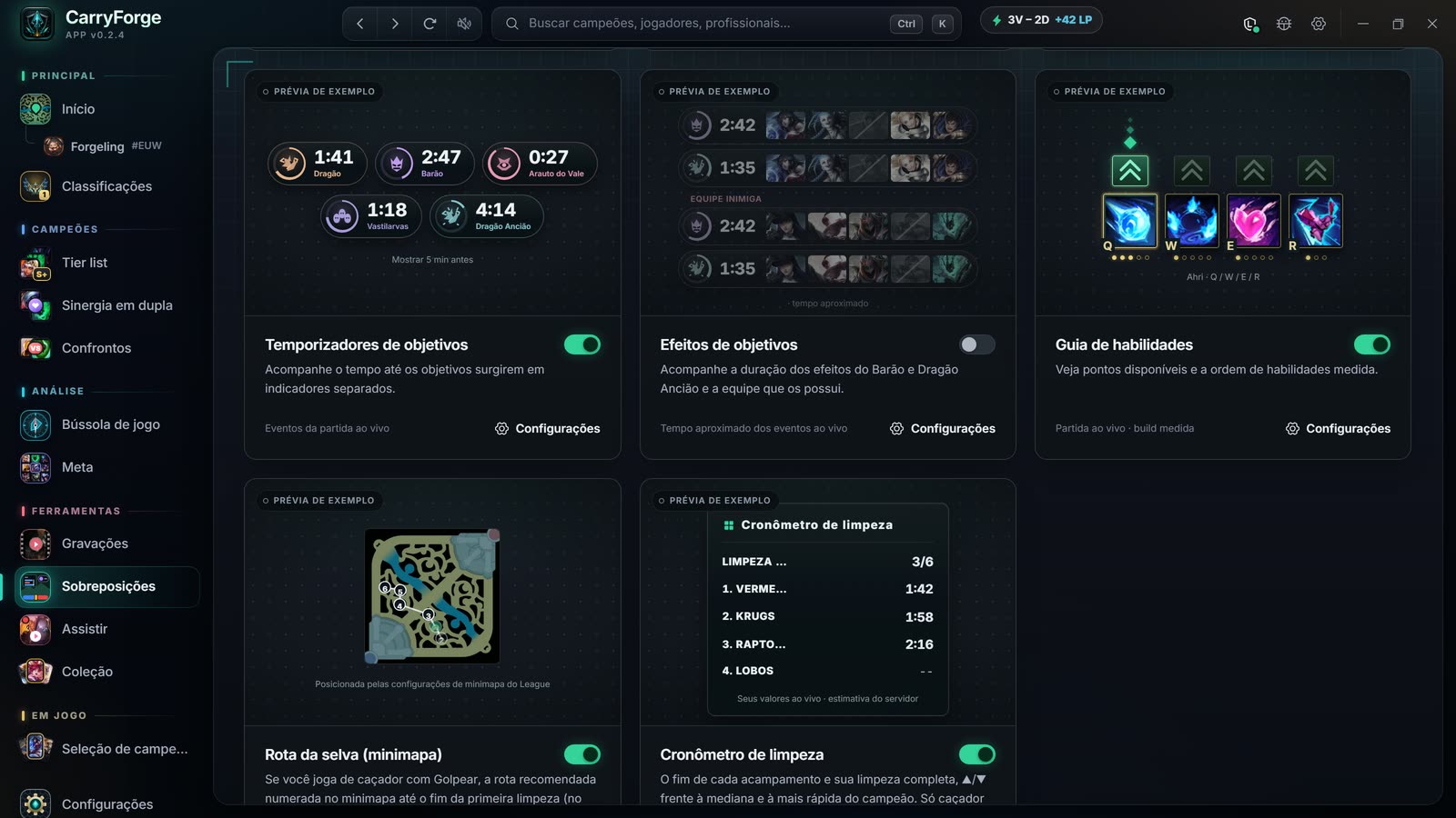 Configurações de overlay com timers de objetivos, buffs de objetivos, guia de habilidades, rota de selva no minimapa e cronômetro de clear