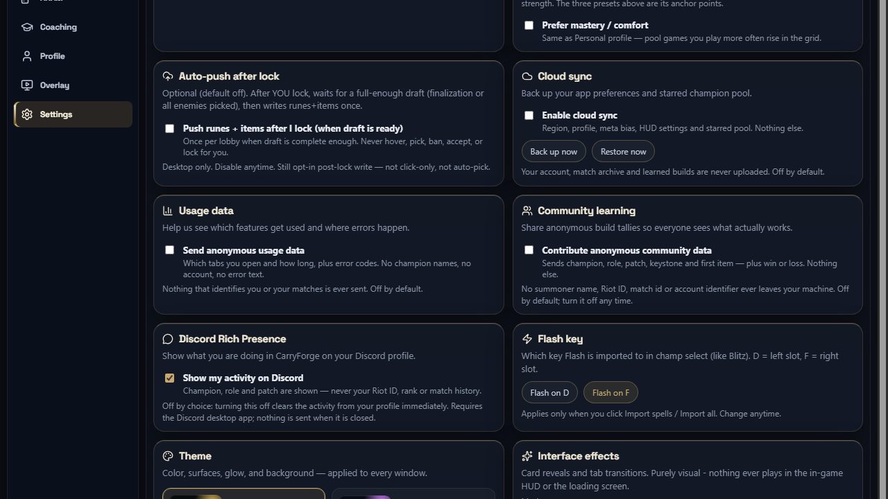 Current CarryForge settings showing cloud, telemetry and community learning controls switched off